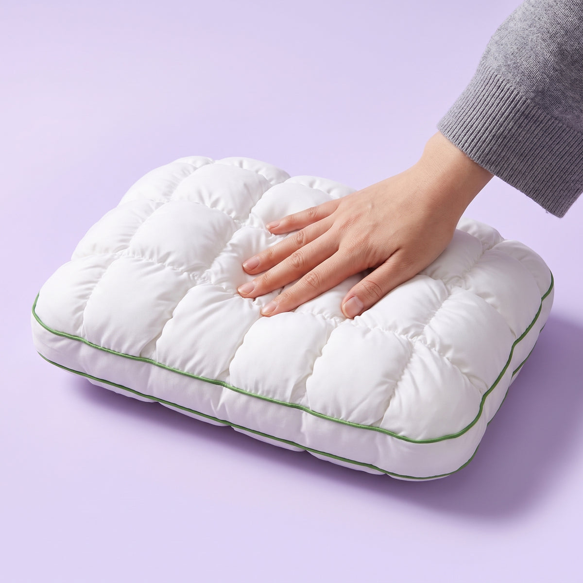 Hand drückt in das Marshmallow-Kissen