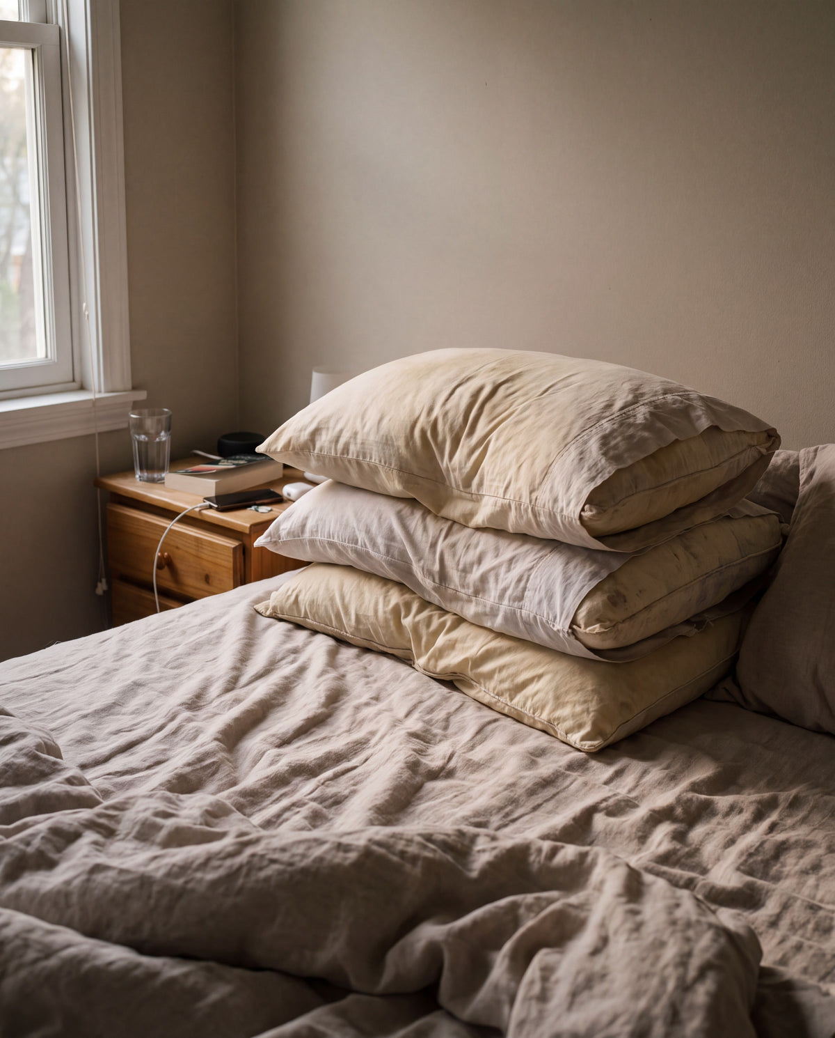 Alte, platte Kissen auf einem Bett