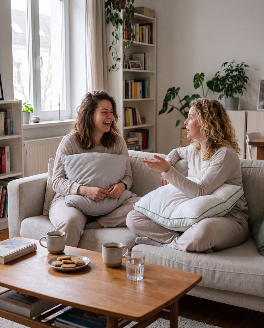Zwei Freundinnen mit Marshmallow-Kissen auf dem Sofa