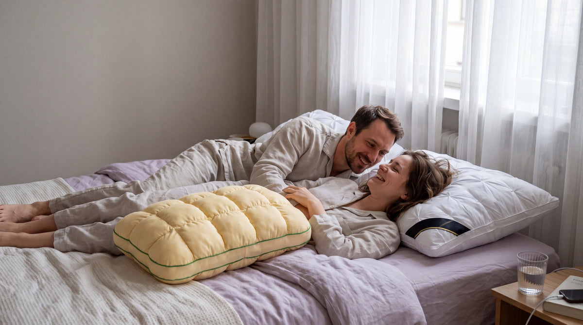 Paar lacht morgens im Bett mit Plumessa-Kissen
