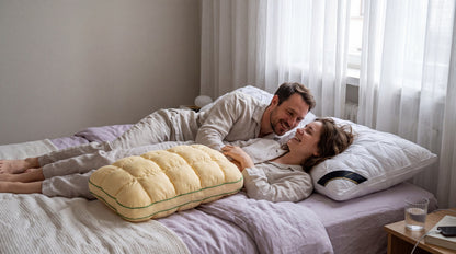 Paar lacht morgens im Bett mit Plumessa-Kissen