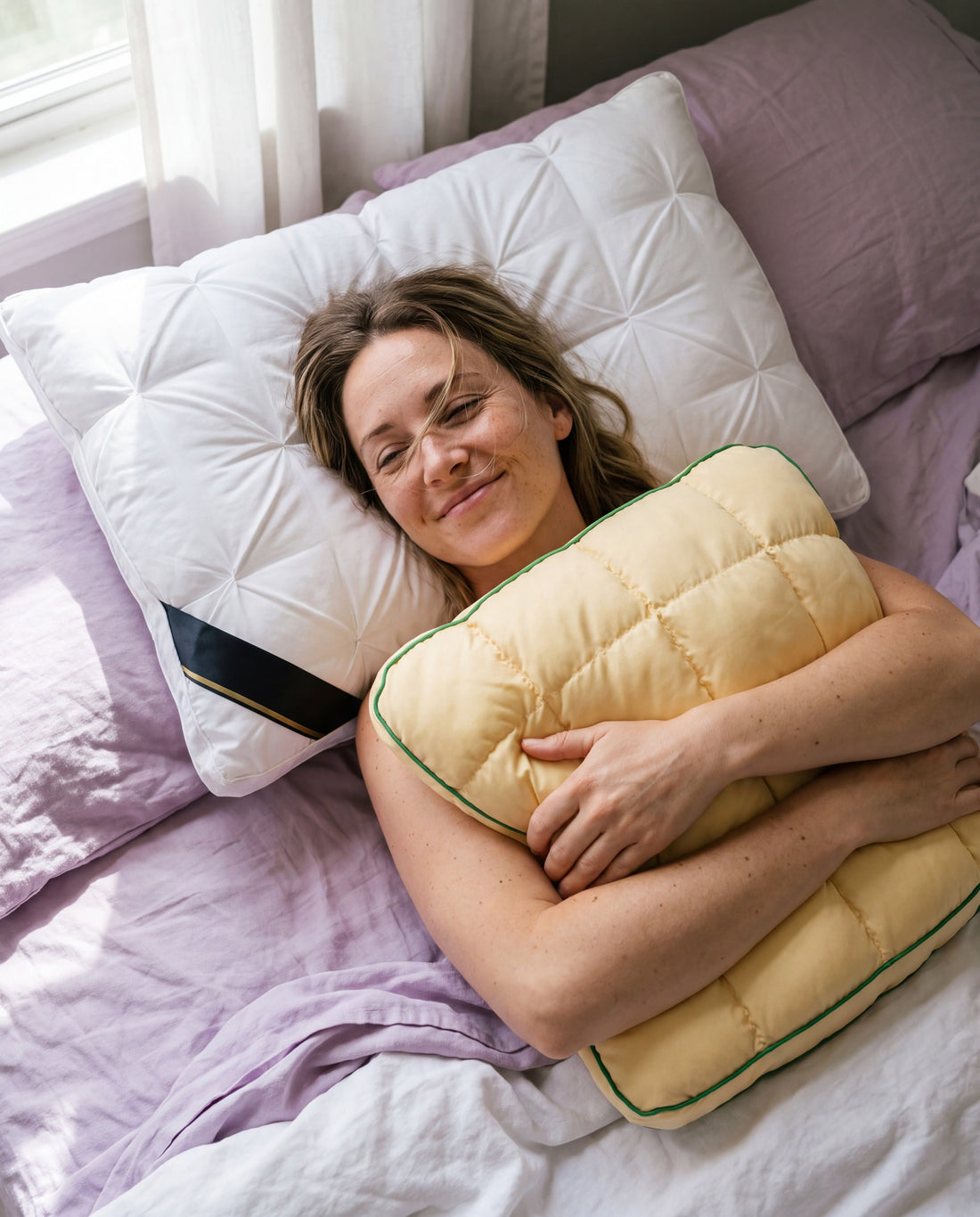 Frau liegt entspannt im Bett und umarmt das gelbe Marshmallow-Kissen
