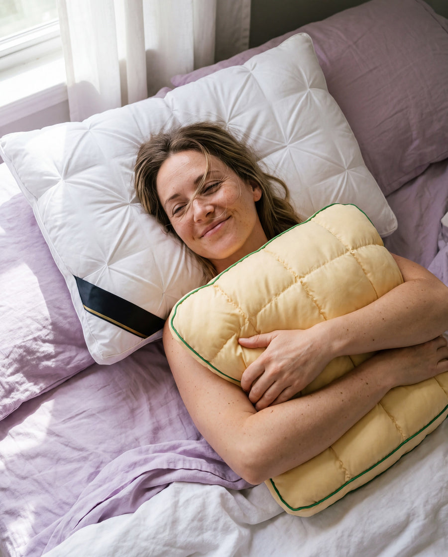 Frau entspannt im Bett mit Marshmallow-Kissen