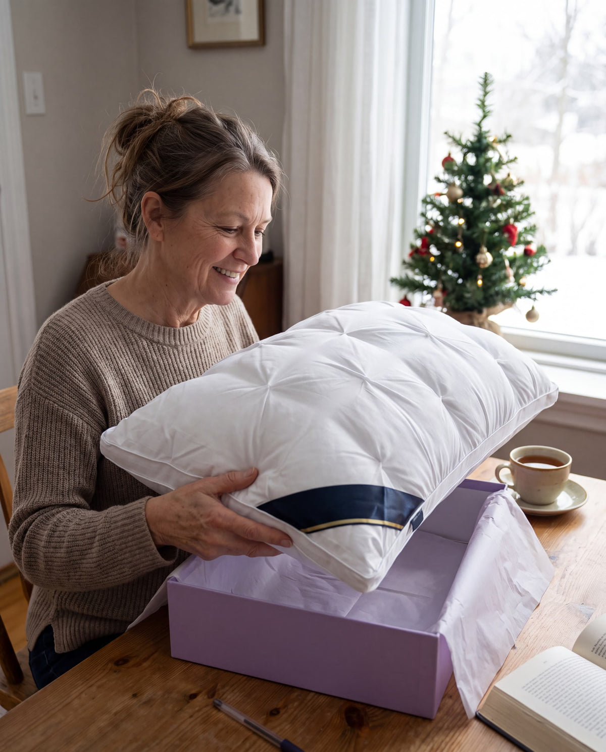 Frau packt das Wolkenkissen als Geschenk aus