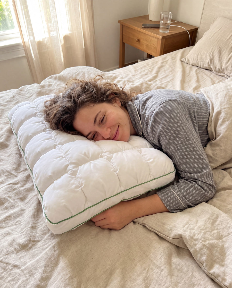 Frau im Bett mit weißem Marshmallow-Kissen