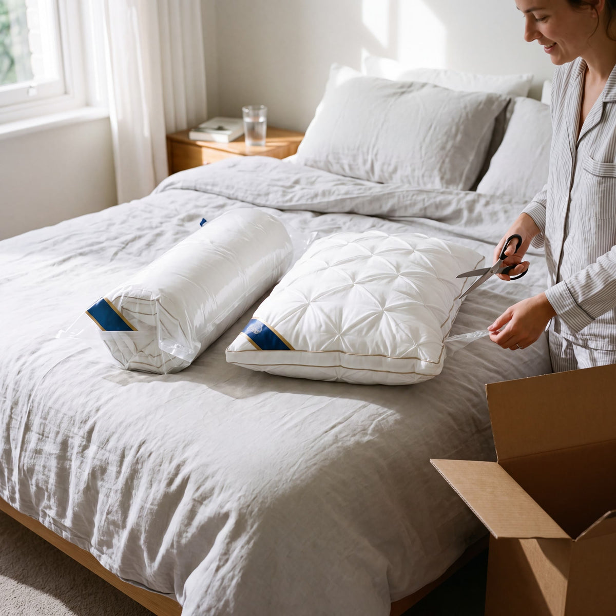 Wolkenkissen vakuumverpackt und ausgepackt auf dem Bett