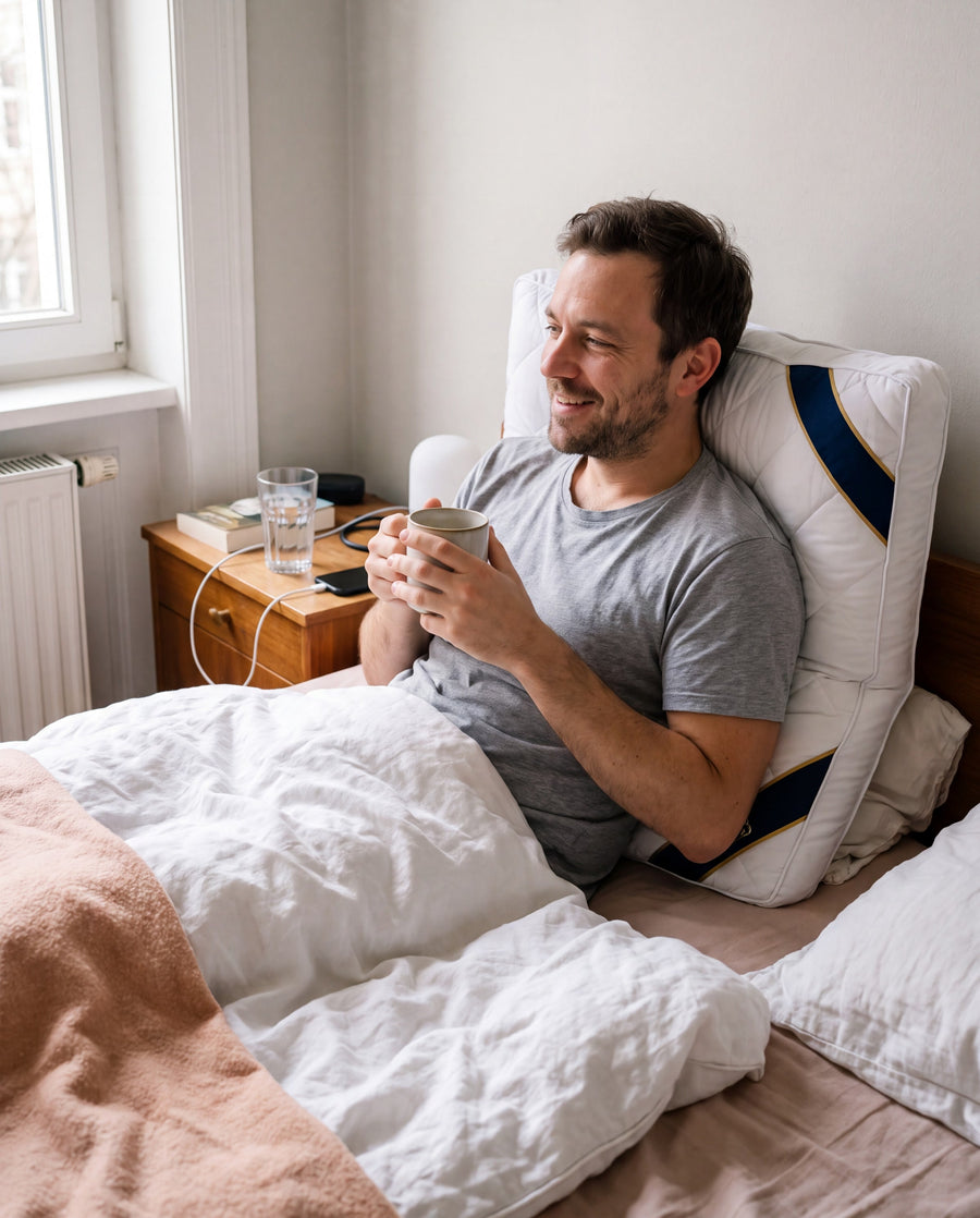 Mann trinkt morgens Kaffee im Bett