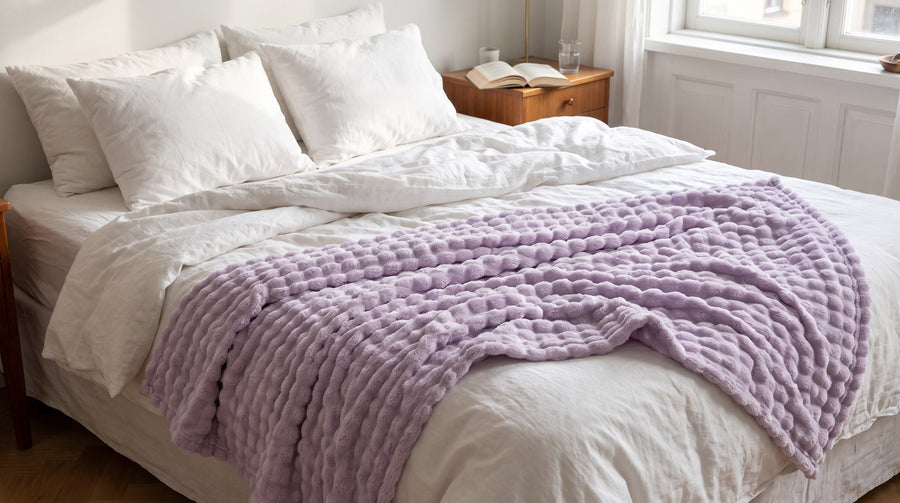 Lavendelfarbene Decke auf dem Bett